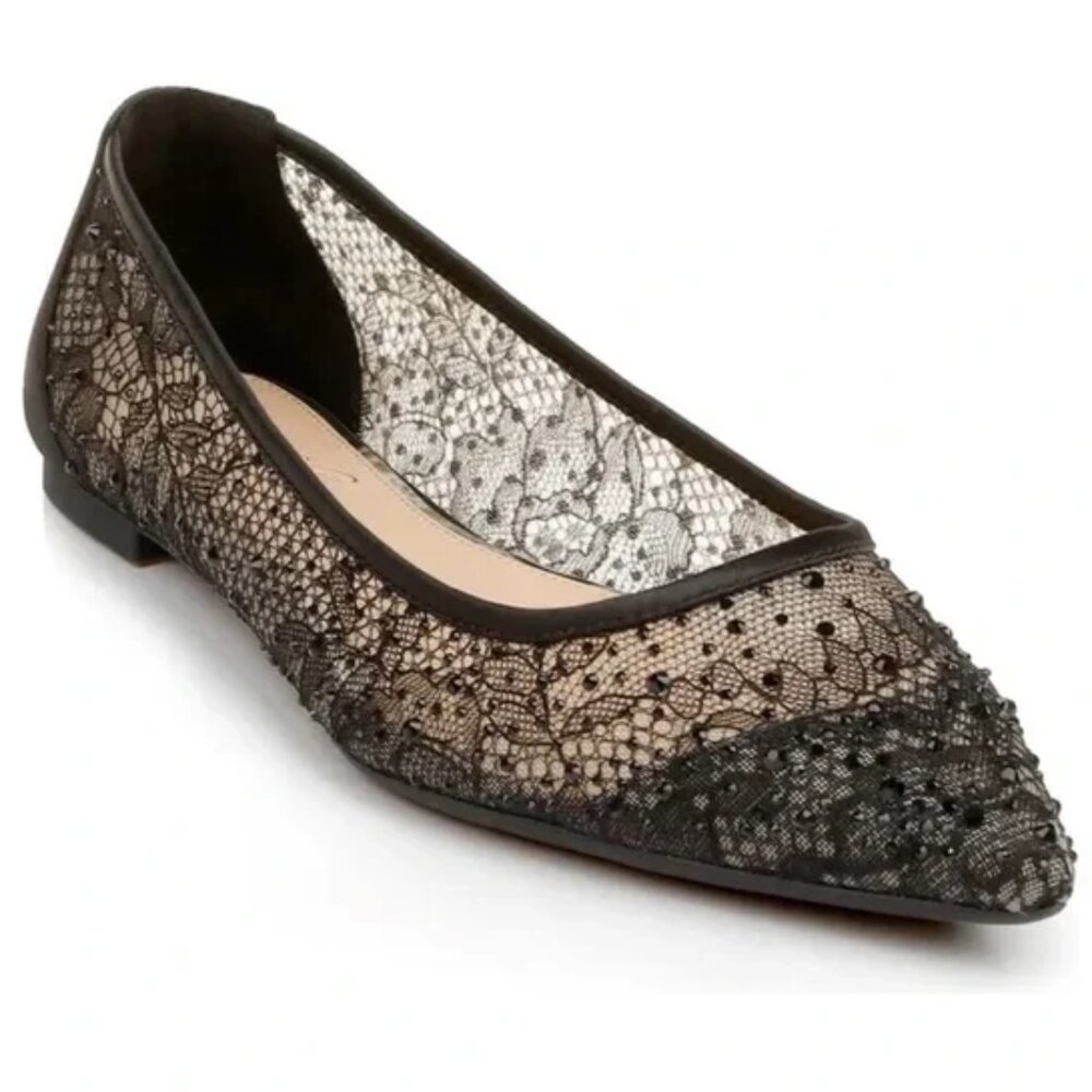 Jewel Badgley Mischka Womens Size 8.5 Black Lace Jeweled Point Toe Flats Shoes